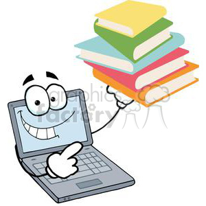 A cartoon laptop with a smiling face holding a stack of colorful books.