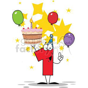 Red number one holding a birthday cake with 1 candle lit stars balloons