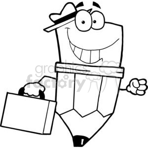 The clipart image features a comical, anthropomorphic pencil character. It is wearing a hat, has a pair of cartoon eyes, and a big, friendly smile revealing two teeth. The pencil is holding a briefcase with one hand and waving with the other, giving it a business-like yet whimsical appearance.