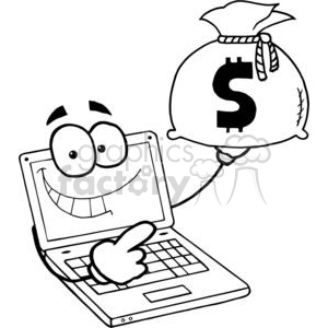 A cartoon illustration of a smiling laptop holding a money bag with a dollar sign.