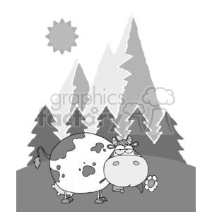 The clipart image depicts a comical scene featuring a cow in a mountainous background. It is oversized with exaggerated features, such as a large round body and small limbs, and it displays a content expression with a flower in its mouth. It is standing in front of a simplified landscape of mountains and pine trees. The sun is depicted as a simple gray outline in the sky above.