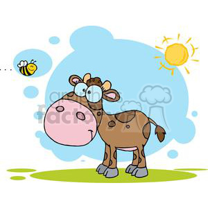 This clipart image features a cartoon of a brown and white spotted cow with a comical expression, standing on a green field. In the background, there's a clear blue sky with a bright yellow sun and a cute smiling bee flying on the top left.