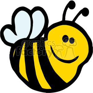 A cheerful cartoon yellow and black bee with a smiling face, two wings, and antennas.