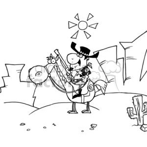 A comical cartoon image of a cowboy sheriff riding a horse in a Western desert setting. The sheriff wears a star badge and a cowboy hat, with a cactus and rocky landscape in the background.