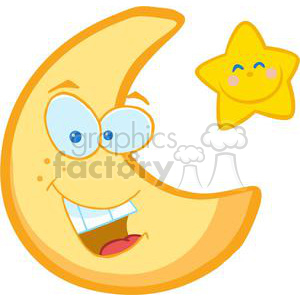 A cheerful crescent moon with a face next to a smiling star with a face, illustrated in a playful clipart style.