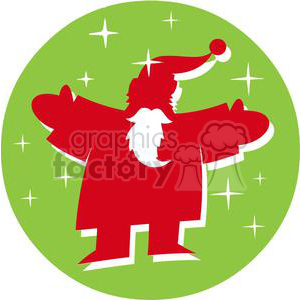 A comical silhouette of Santa Claus with outstretched arms set against a green background with sparkling stars.