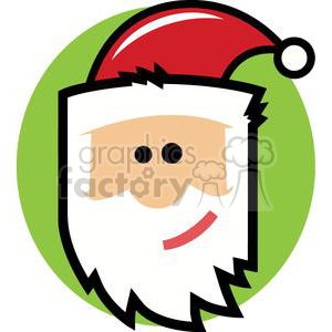 A comical and stylized clipart image of Santa Claus's face with a red hat and white beard, set against a green background.