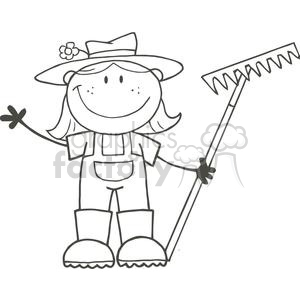 A comical clipart image of a smiling farmer wearing a hat and overalls, holding a rake.