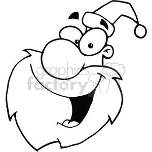 Black and white cartoon clipart of a comical Santa Claus with a big smile, wearing a Santa hat.