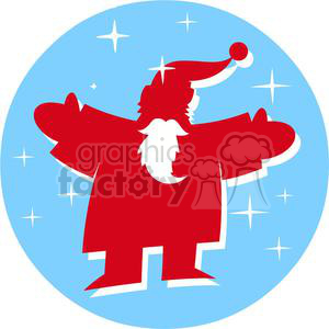 Comical illustration of Santa Claus with outstretched arms, surrounded by stars in a blue circle.