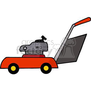 This clipart image features a simple and colorful illustration of a lawn mower. The mower has a red body, yellow wheels, and a black handle, conveying a classic lawn care tool design.