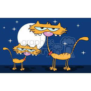 The clipart image features two cartoon cats with exaggerated, funny expressions and postures. They appear in front of a dark blue background that represents the night sky. A large white crescent moon is prominently displayed behind them, along with multiple small white stars scattered across the background.