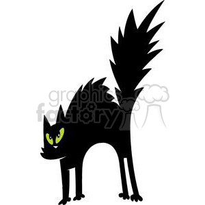 The clipart image features a stylized, comical black cat. The cat has an exaggerated fluffy tail that stands straight up, giving it a humorous appearance. Its eyes are bright green and wide, adding to the playful nature of the image.