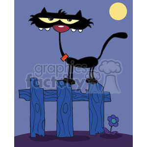 The clipart image depicts a whimsical black cat with exaggerated features perched atop a blue wooden fence at night. The cat has large head, prominent white teeth displayed in a wide grin, and a long, slender body with a red collar. Its tail is upright, and the scene includes a moon in the background and a purple flower at the bottom right of the image. The simple illustration style and the humorous portrayal of the cat give the image a comical feel.