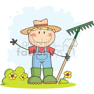 A comical cartoon of a smiling farmer wearing a straw hat and overalls, holding a rake, with flowers in the background.