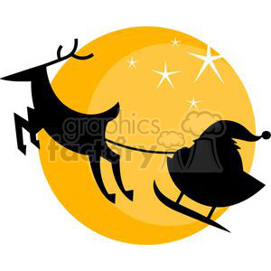 Silhouette of a reindeer pulling Santa Claus on a sleigh against a big yellow moon with stars.