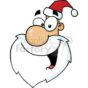 A comical and funny cartoon image of Santa Claus with a big nose and a cheerful expression, wearing a red Santa hat.