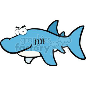 The image is a clipart illustration of a comical caricature of a blue shark with large, googly eyes and a slightly puzzled or surprised expression. The shark has exaggerated features, such as a prominent dorsal fin, pectoral fins, and a tail fin, all highlighted with bold black outlines. It also features a white underbelly and gills indicated by simple black lines on the side.
