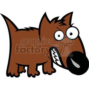 The clipart image depicts a cartoon dog that appears to be funny and comical while simultaneously looking mad, angry, or grumpy. The dog has an exaggerated expression with large, wide eyes and a mouth open showing teeth as if it is growling or snarling.