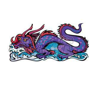 The clipart image depicts a stylized dragon with a vibrant color palette, primarily featuring purples and blues. It has an elongated, serpentine body, with scales, wings, and what appears to be a mane or plumage. The dragon's head shows large eyes and a snout with visible teeth, giving it an expressive visage. Additionally, the dragon seems to be emerging from or interacting with waves of water, as indicated by the flowing blue lines that envelop part of its body.