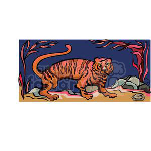 Clipart image of a tiger against a dark navy blue background with plants and rocks. The image represents the Chinese zodiac sign of the tiger.
