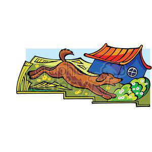 Clipart image featuring a dog running on a grassy terrain with flowers, a blue doghouse with a red roof, representing the Chinese Zodiac sign of the Dog.