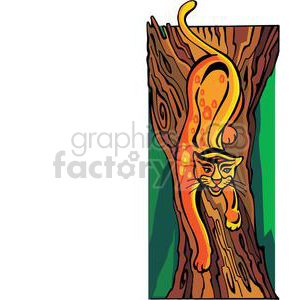 Colorful clipart illustration of a stylized, vibrant big cat, resembling a leopard or jaguar, climbing down a tree with green foliage in the background. The image is stylized with bold lines and bright colors, giving it an artistic and mystical feel, often associated with the zodiac sign Leo.