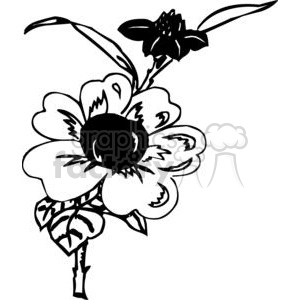 Black and white floral clipart design featuring a detailed flower with large petals and leaves.