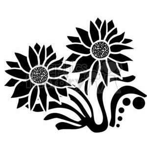 Black and white clipart of two stylized flowers with intricate petal designs and dotted centers, ideal for vinyl cutting and organic designs.