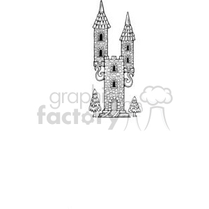 The clipart image features a medieval castle with two prominent towers topped with cone-shaped roofs and flagged spires. There is intricate stonework on the walls and a wooden arched entrance door. Flanking the castle, there are two stylized trees, suggesting a forested setting. This type of image might be used for materials related to fairy tales, history, or fantasy themes.