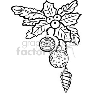 A festive black and white clipart image featuring holly leaves, berries, and hanging Christmas ornaments.