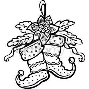 Black and white clipart illustration of two festive Christmas stockings with decorative patterns, adorned with a poinsettia flower and leaves.