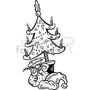 A humorous, festive clipart image featuring a decorated Christmas tree with candles, hearts, and ornaments. Below the tree are gift bags tied with ribbons.