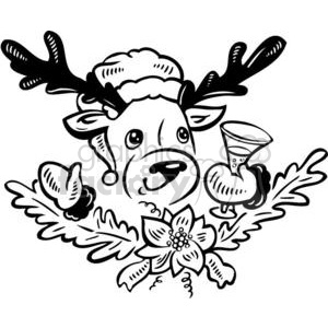 Cute Christmas reindeer wearing a Santa hat, holding a glass, surrounded by festive holly and decorative elements.