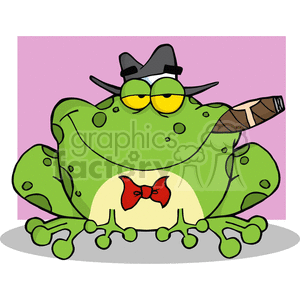   The clipart image features a comically styled frog with anthropomorphic traits. This cartoon frog is depicted with a wide grin, wearing a black fedora hat and sunglasses, which gives it a 