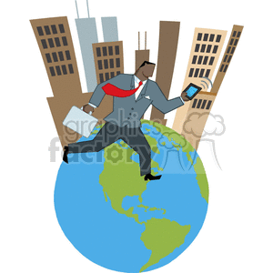 Cartoon African American Businessman Running Around A Globe