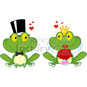 This clipart image features two cartoon frogs. On the left, there is a frog wearing a top hat, with floating red hearts on its right side, suggesting it is in love or showing affection. On the right, there is another frog donning a golden crown and a red lipstick kiss on its cheek, appearing to have just been kissed. It is also holding a bouquet of red roses, tied with a light blue ribbon, further adding to the romantic or affectionate theme of the image. Both frogs are green with a lighter green belly and are styled in a whimsical, cute fashion that is typical for lighthearted or humorous illustrations.