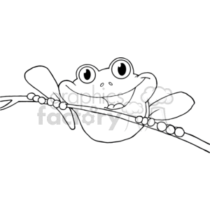   The clipart image depicts a cartoon frog with a comically large, wide grin, sitting on a reed or branch that is angled diagonally across the image. The frog