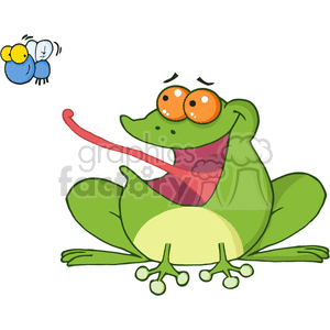 This clipart image features a funny cartoon frog with big orange eyes and an extended red tongue reaching out to catch a fly. The frog appears to be sitting, possibly indicating a setting like a swamp or pond, which is typical for frogs. The fly is depicted with exaggerated blue and yellow colors, and seems to be flying unaware of the impending danger.