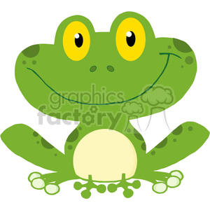 The clipart image features a stylized cartoon frog with a friendly and funny facial expression. The frog is predominantly green with a lighter belly, sitting with its legs spread out. It has big yellow eyes with black pupils and a wide grin.