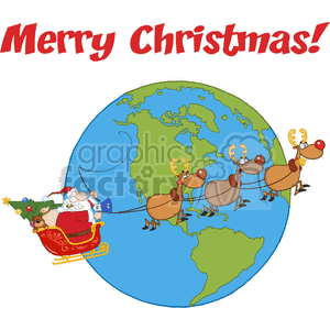 A humorous clipart image of Santa Claus in a sleigh pulled by reindeer over a globe with 'Merry Christmas!' written above.