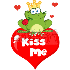 The clipart image features a cartoon frog sitting on a large red heart that has the phrase Kiss me written on it. The frog has a comical appearance, with big eyes and a slight smirk, and it's wearing a gold crown on its head. The crown suggests the frog may be likened to the fabled frog prince from fairy tales. The frog is also holding a red rose with its left foot. There are small red hearts floating around the frog to emphasize the theme of love or Valentine's Day.