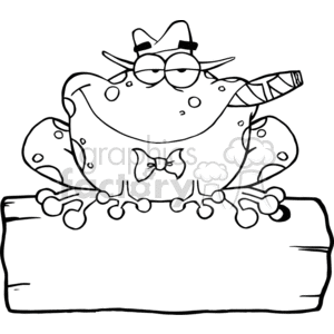 This is a black and white clipart image featuring a cartoon frog with a humorous gangster appearance. The frog is sitting on a log and is depicted with stereotypical gangster accessories: a Fedora hat, a cigar in its mouth, round glasses, and a bow tie.