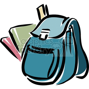 The clipart image depicts a cartoonish illustration related to education and the back-to-school season. It shows an outline of a backpack with various school supplies and tools, including books, pencils, pens, rulers, and erasers. The image is designed to be 