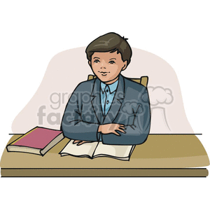 Cartoon student sitting at a desk with books 