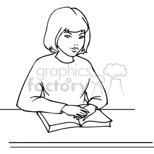 Black and white outline of girl sitting with a book open