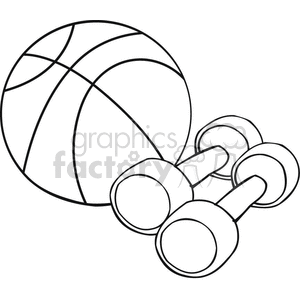Black and white outline of a basketball and weights 