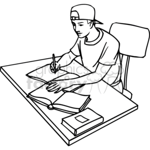 Outline clipart of a boy wearing a hat, sitting at a desk in a classroom setting. He is studying and writing notes with a pen or pencil, surrounded by textbooks and notebooks.