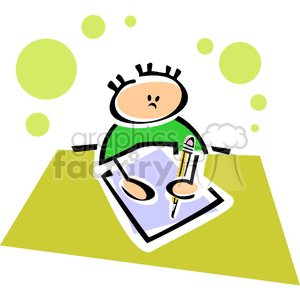 Cartoon boy sitting at a desk writing 