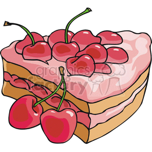 A clipart image of a slice of cake with pink icing and cherries on top.